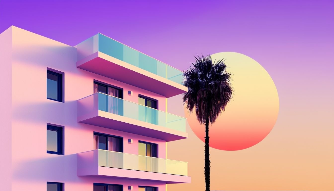 Modern Minimalist Residential Building with Tropical Sunset Background Virtual Backgrounds