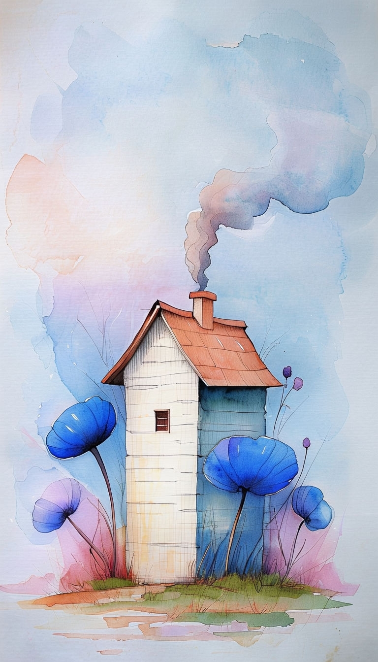 Charming Watercolor House Surrounded by Vibrant Flowers Mobile Wallpaper