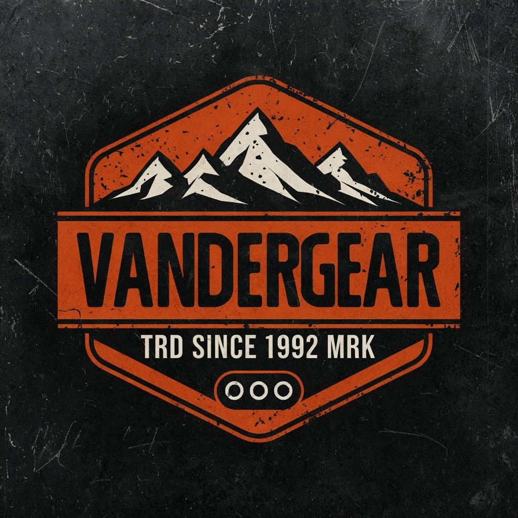 Vintage Rugged Vandergear Logo with Mountain Peaks Design