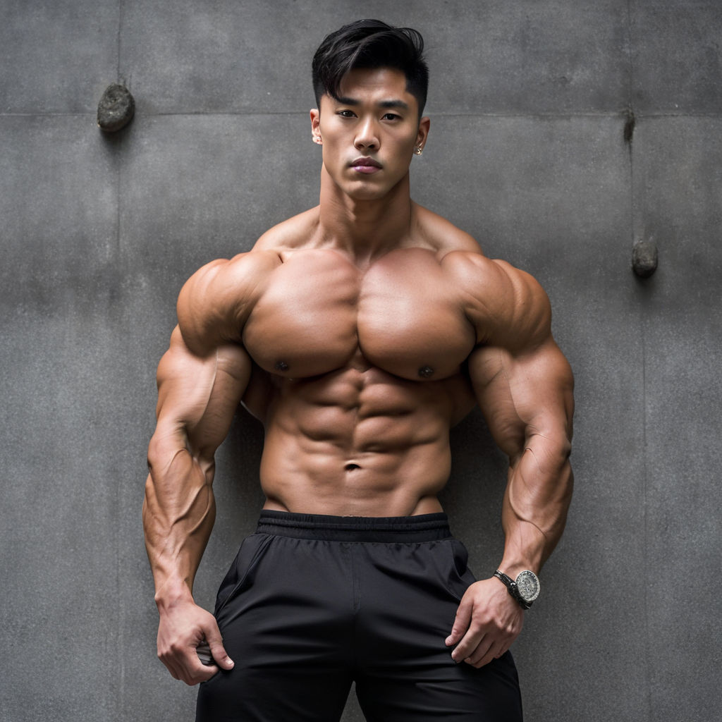 professional photo of a handsome asian male muscular beefy bodybuilder