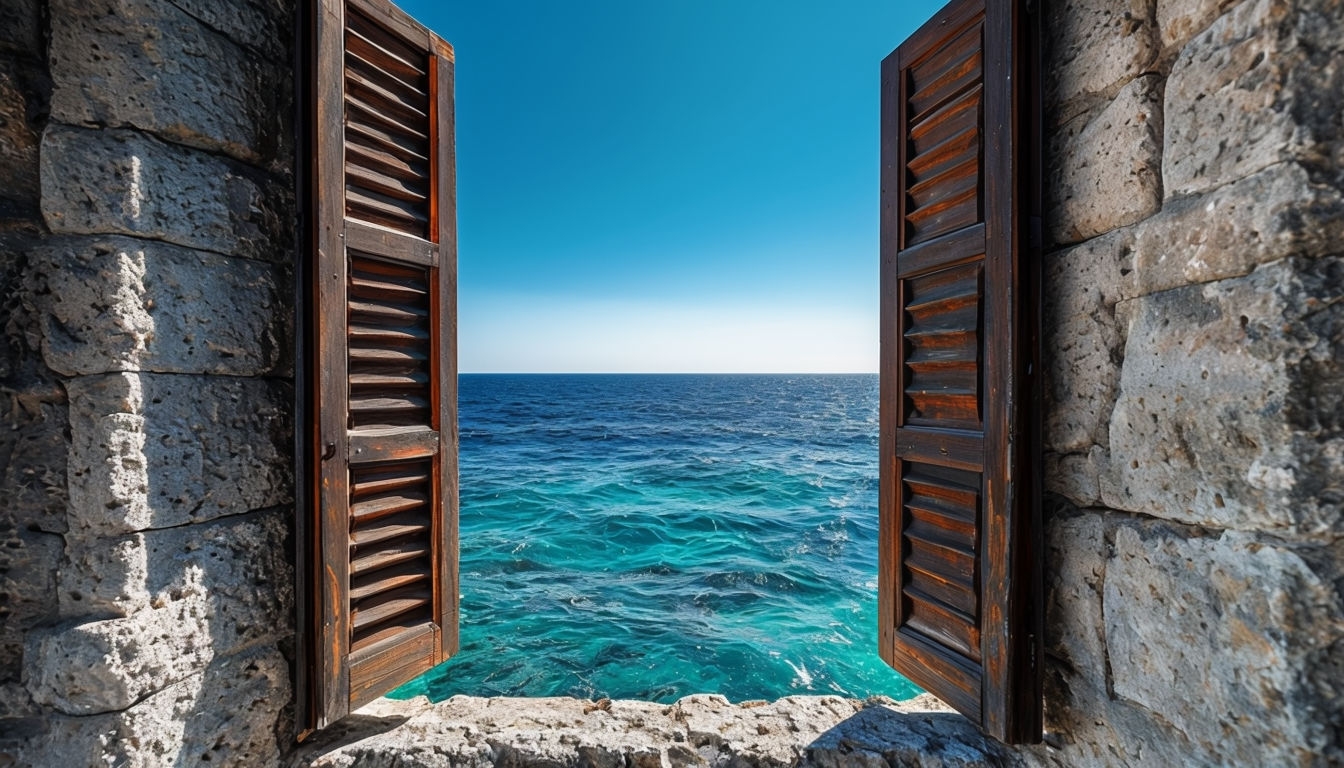 Serene Ocean View Through Open Window Vertical Background Image Virtual Backgrounds