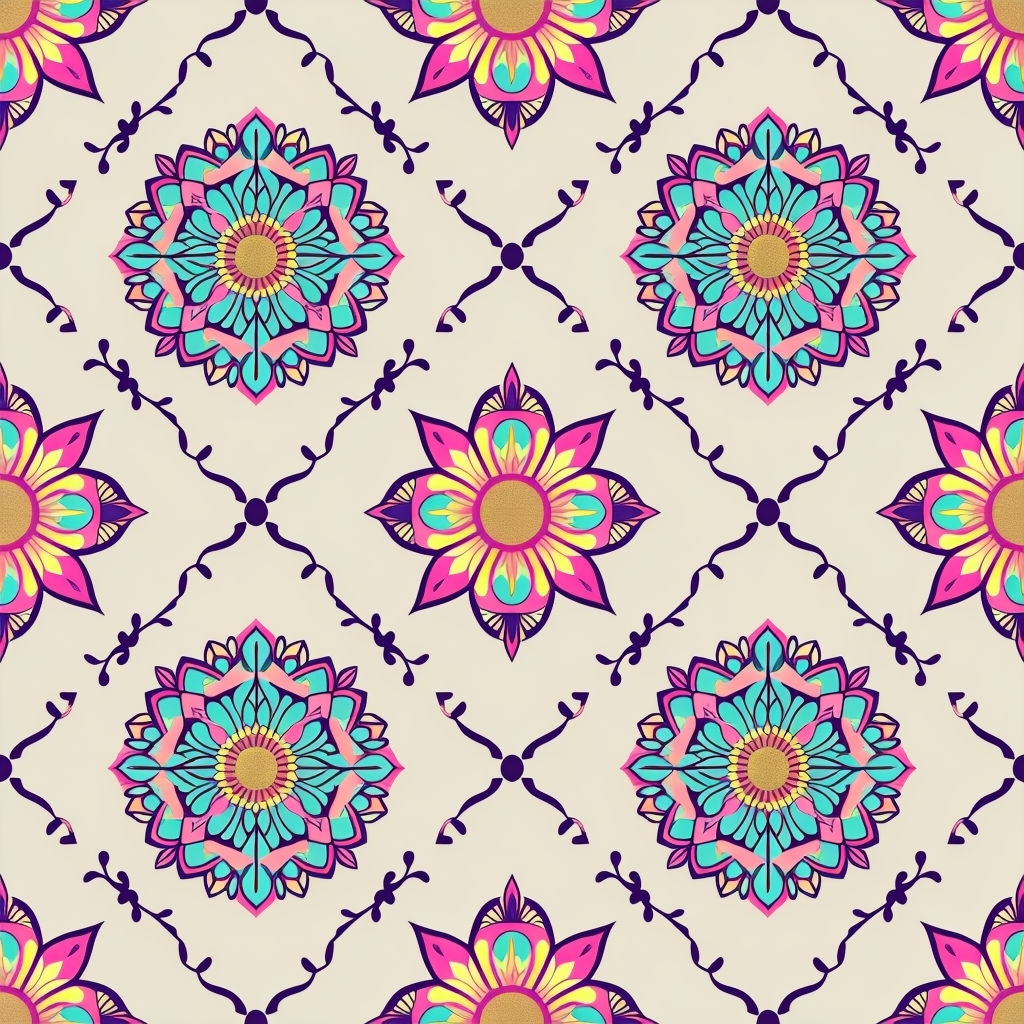 Vibrant Mandala Symmetrical Pattern with Multicolored Designs Seamless Pattern