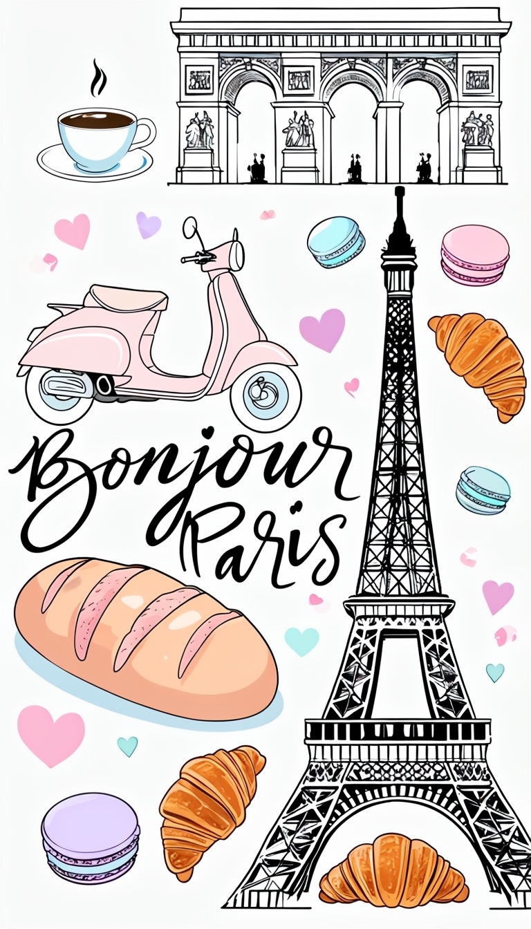 Whimsical Parisian Bonjour Design with Eiffel Tower and Treats Phone Case Cover