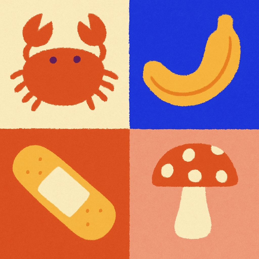 Playful Whimsical Crab Banana Mushroom and Band-Aid Pattern Seamless Pattern