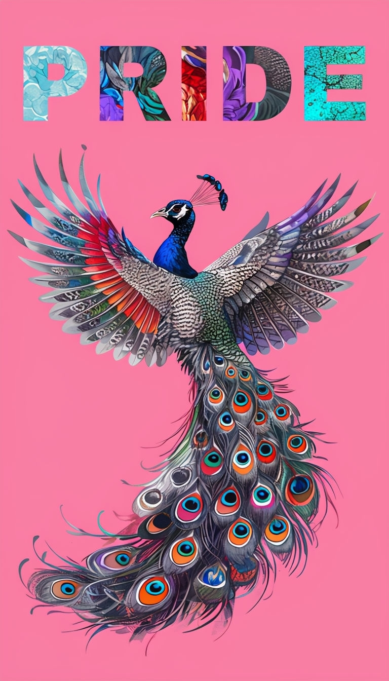 Majestic Peacock in Flight with 'PRIDE' Text Art Poster