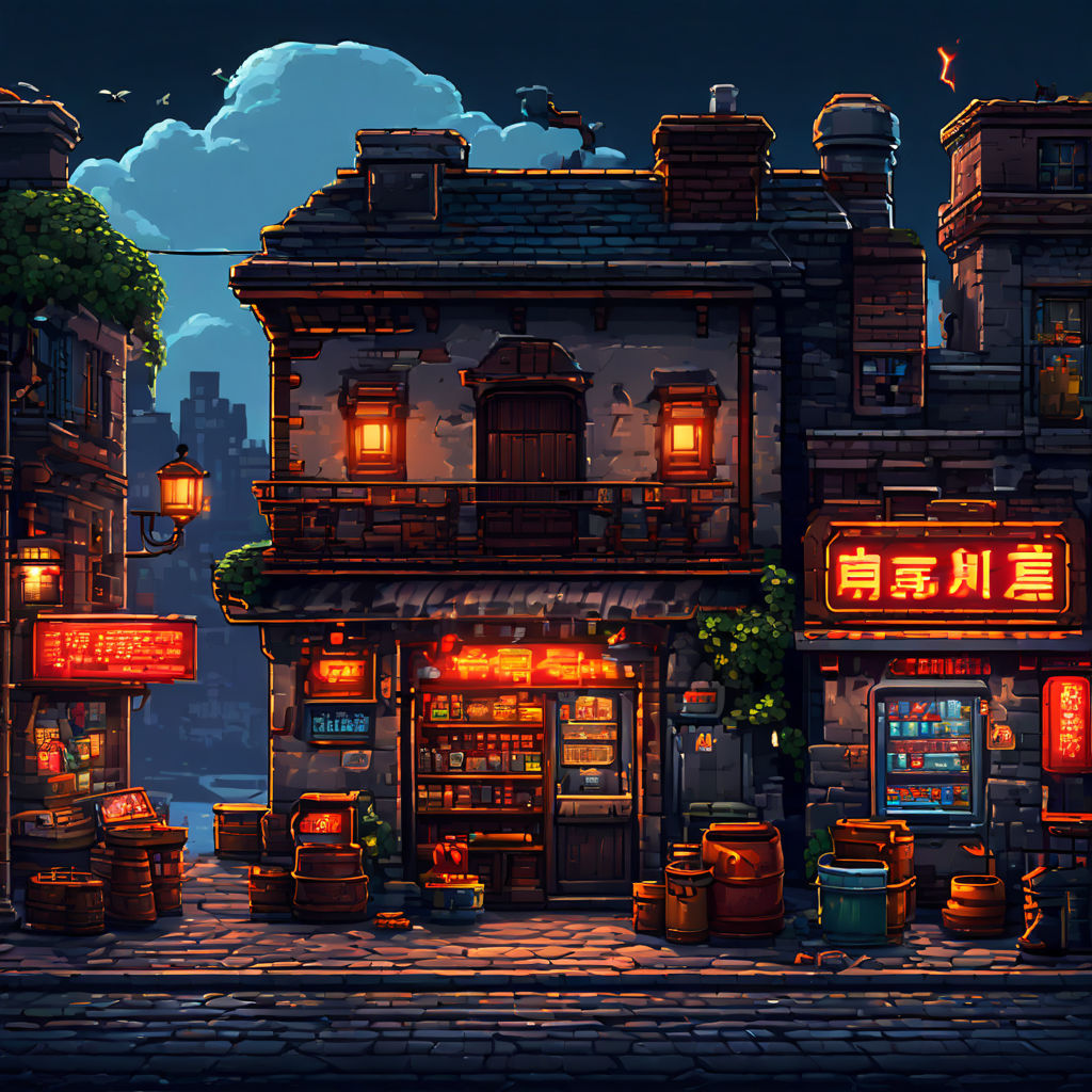 night city in Japan. Game – pixel art style like in old games of the 90s