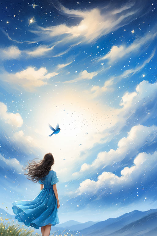 color Penciled sketch,  ,wind, dreamy,,lonely, a small bird, stars in  day sky,looking at the blue sky,back view ,a beautiful Korean woman, dress