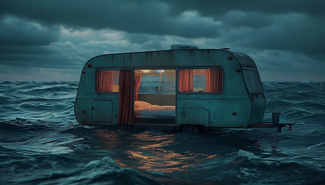 Surreal Vintage Camper Trailer Floating on Turbulent Sea Background