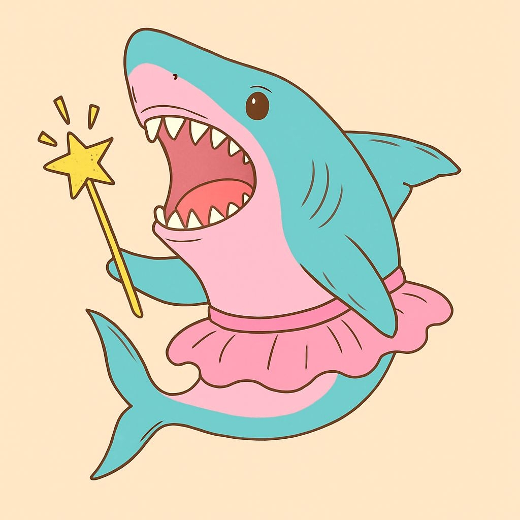 Playful Cartoon Shark with Magical Wand and Tutu Sticker
