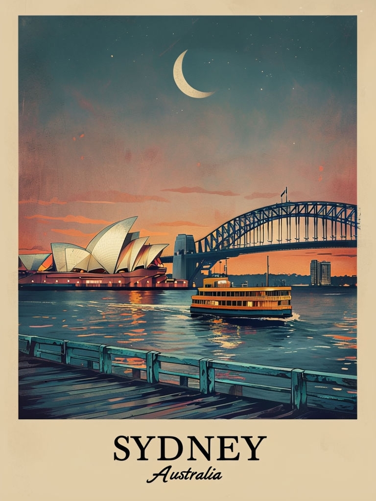 Vintage Sydney Harbor Dusk Illustration with Iconic Landmarks Poster