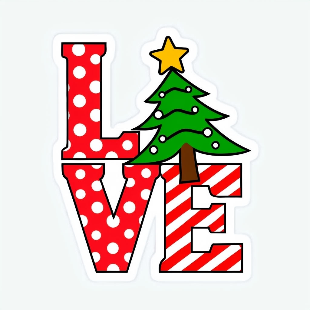 Festive Love with Christmas Tree and Candy Cane Stripes Sticker