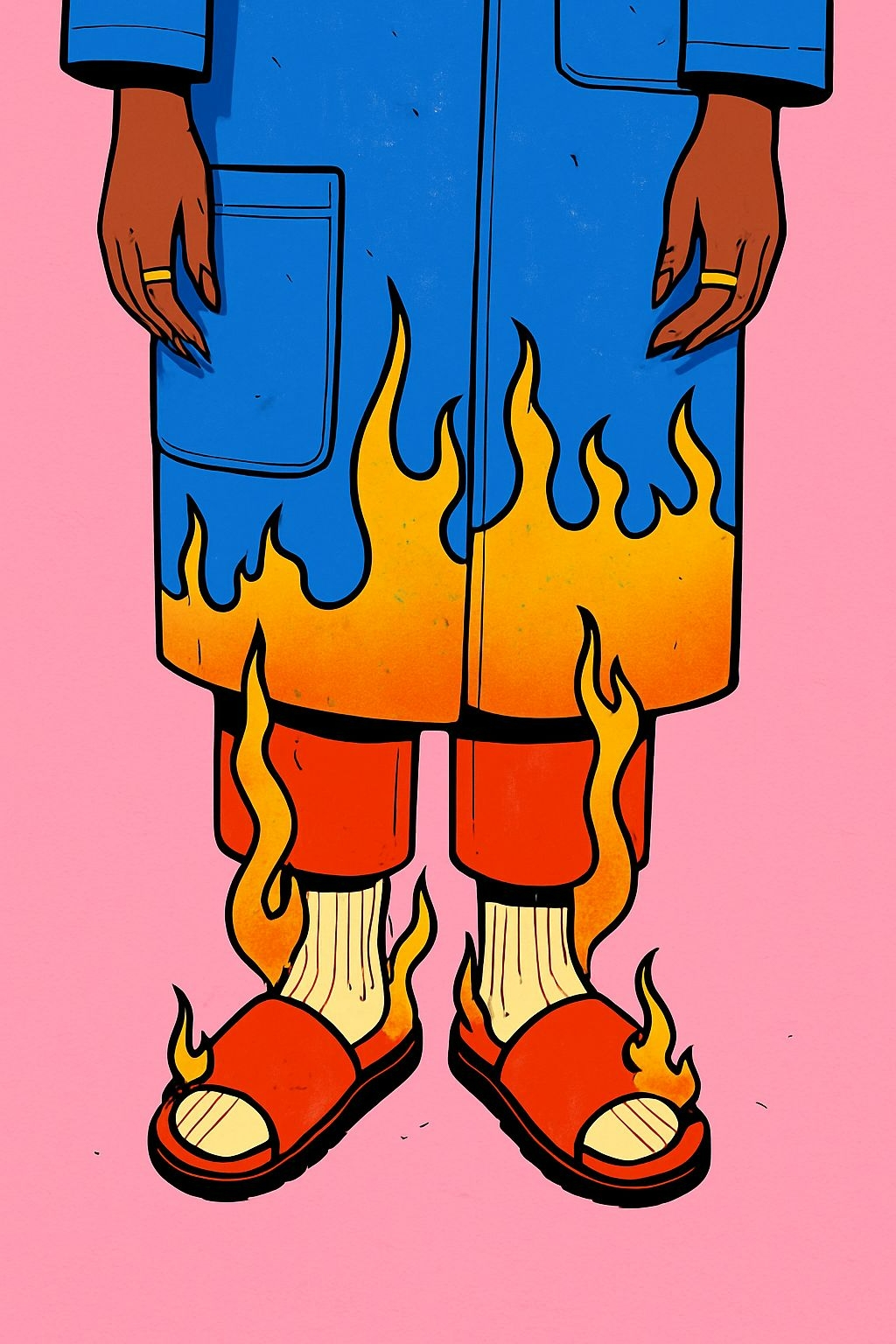 Vibrant Cartoon Person in Blue Coat and Fiery Pants T-Shirt