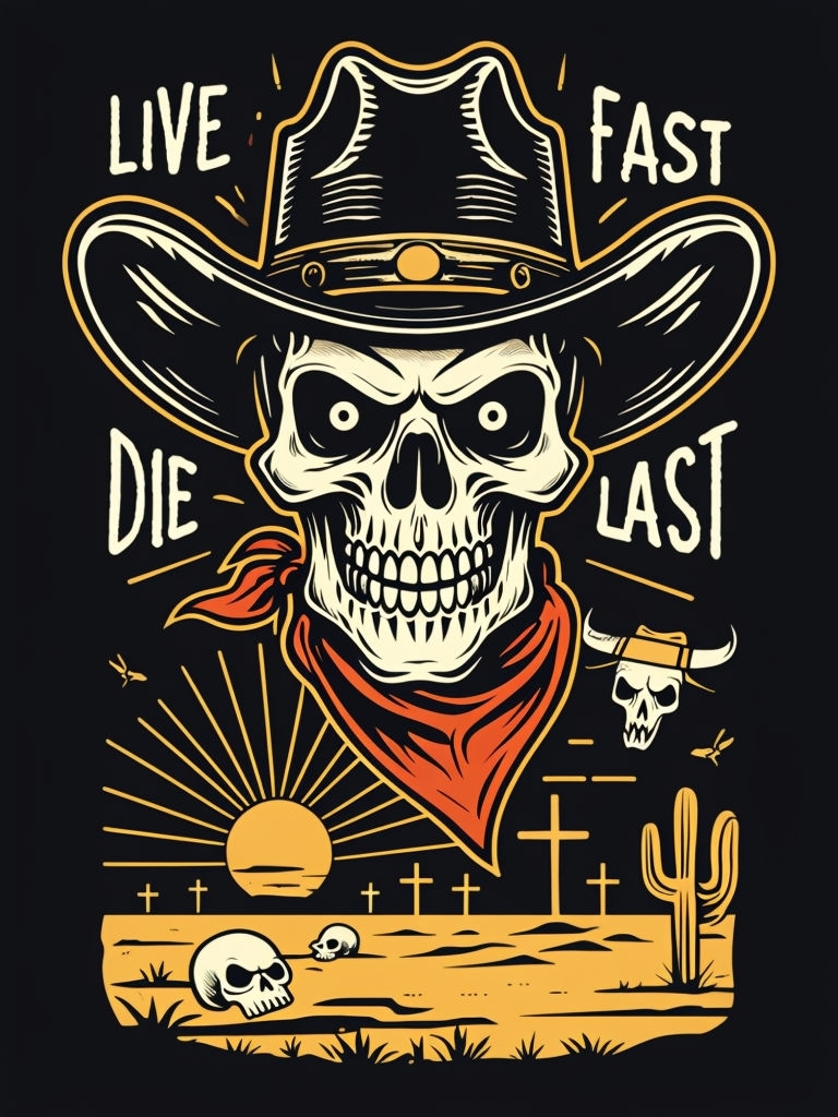 Vintage Western Skeleton Live Fast Die Last T-Shirt