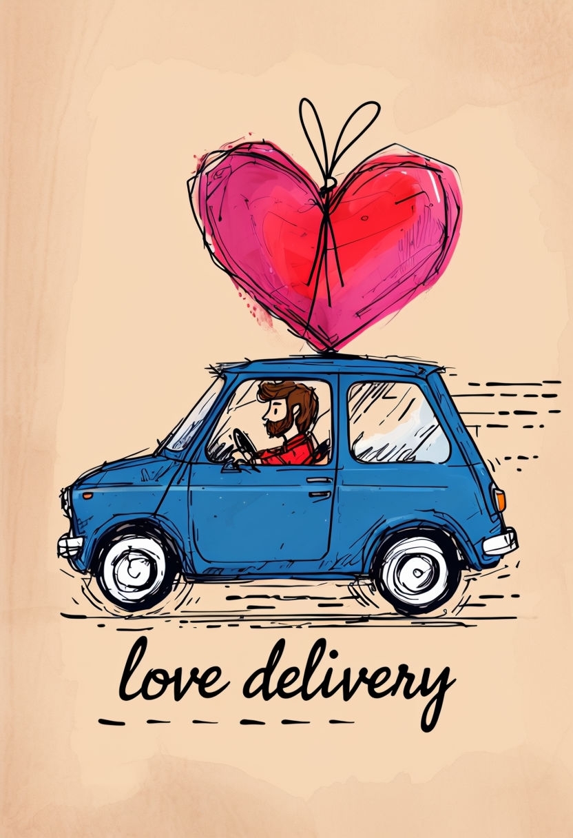 Whimsical Love Delivery Vintage Car Illustration Card Design