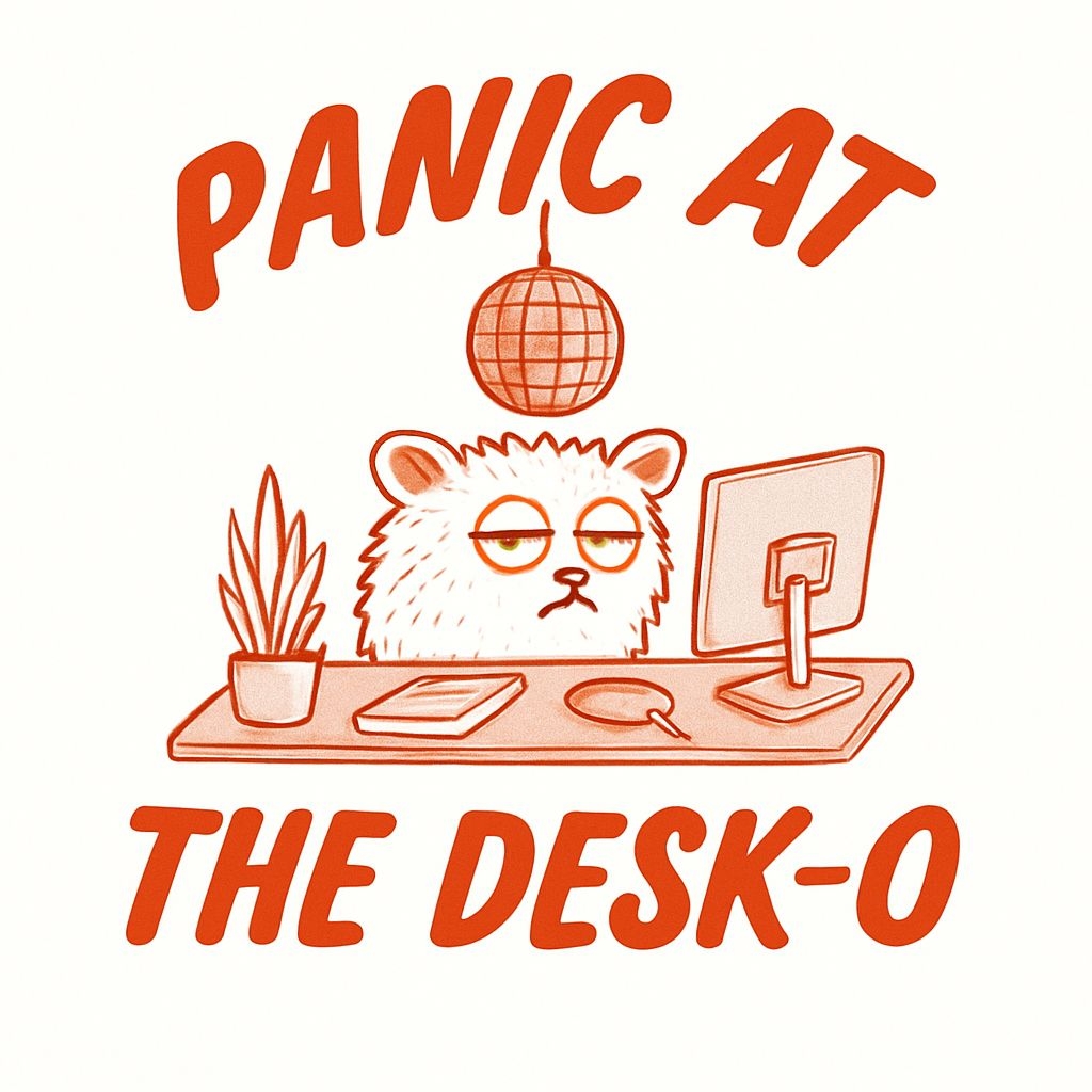 Whimsical Cartoon Bear at Desk with Panic Theme Mug
