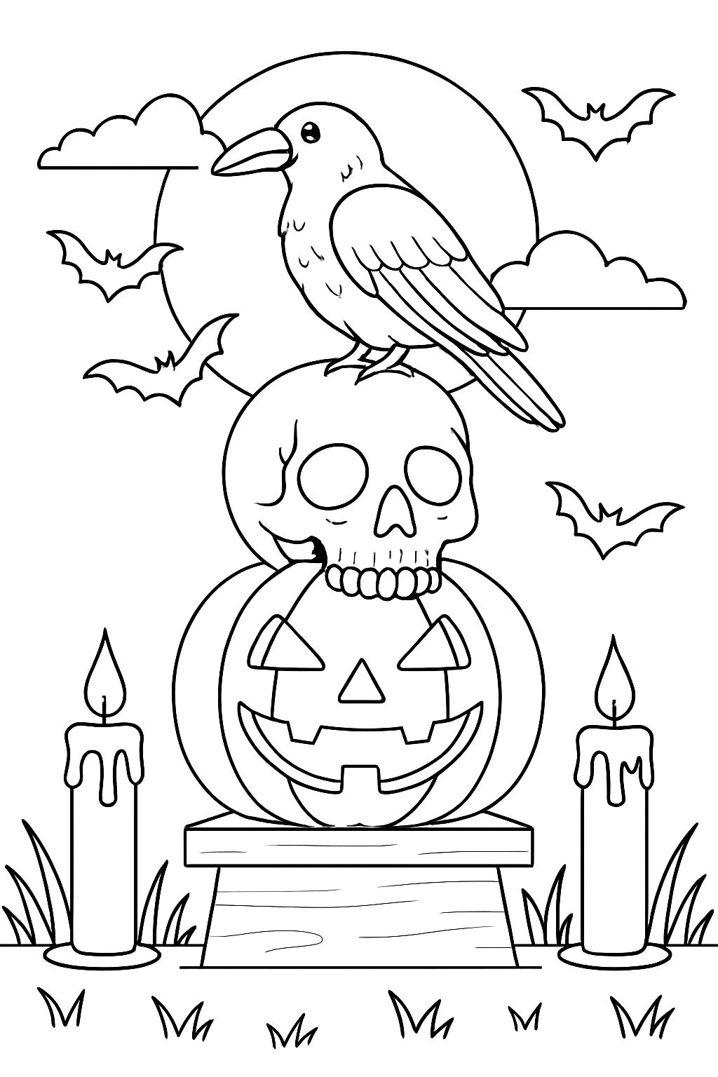 Spooky Halloween Jack-O'-Lantern and Crow Coloring Page