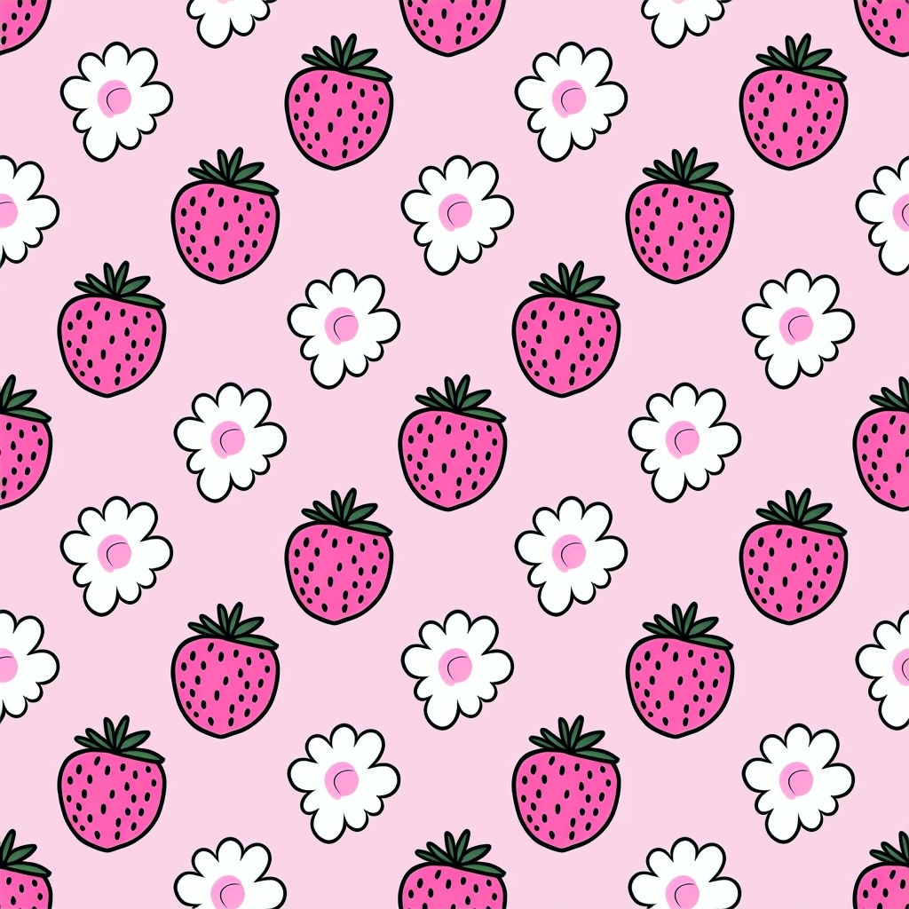 Playful Strawberry and Flower Seamless Pattern on Light Pink Background