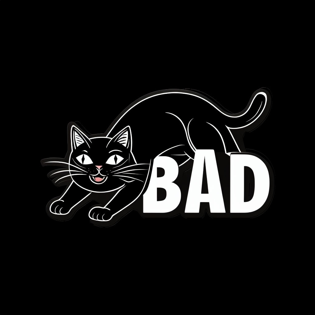 Stylized Black and White Cat with 'BAD' Text T-Shirt