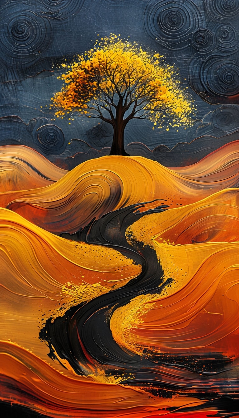 Surreal Yellow Leaf Tree on Burnt Orange Hill Art