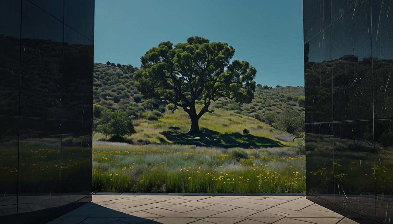 Serene California Landscape with Oak Tree and Wildflowers Background