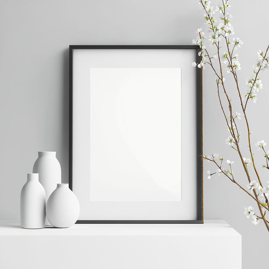 Minimalist Framed Poster Mockup with Elegant Vases Display