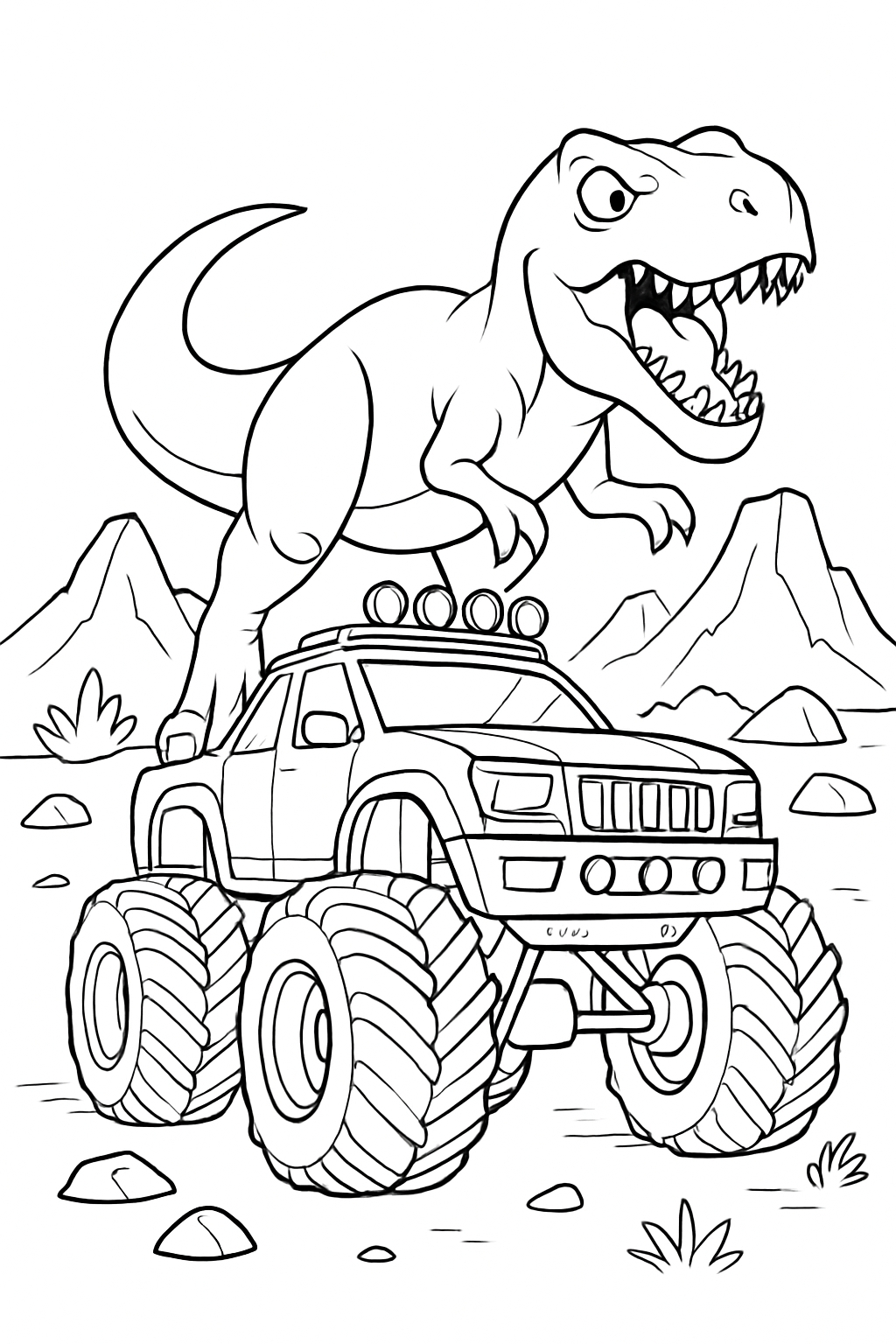 Monster Truck and T-Rex Adventure Line Art Coloring Page