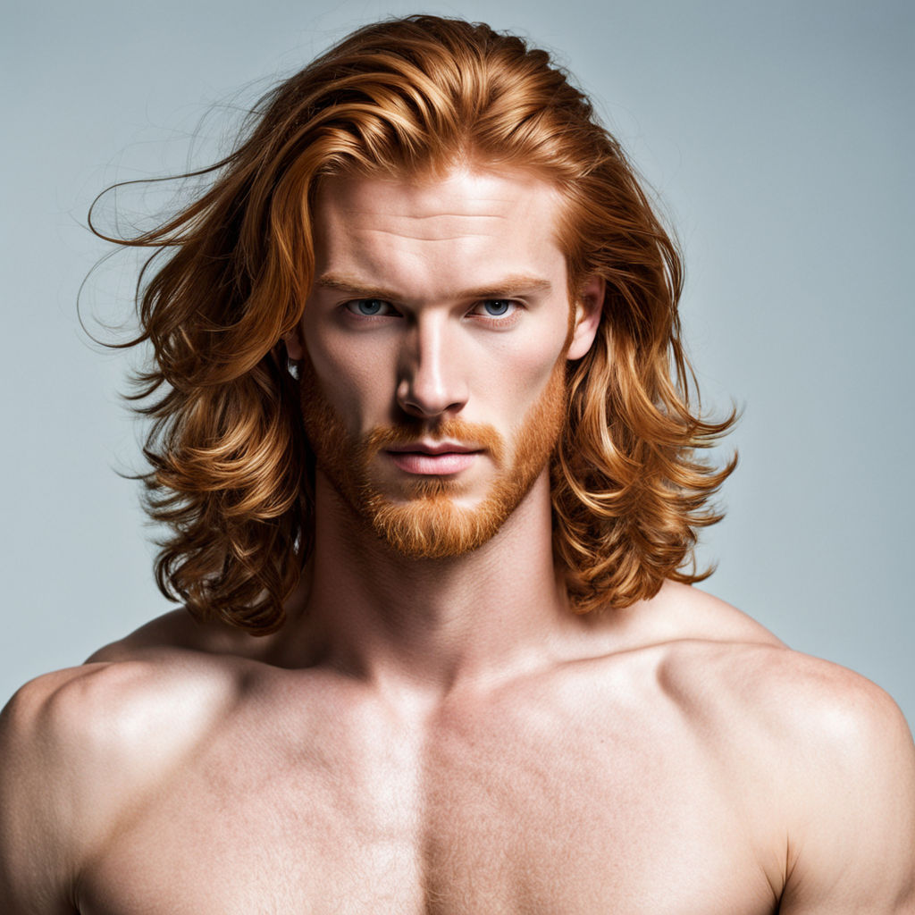 young guy with thick messy ginger shoulder-length hair