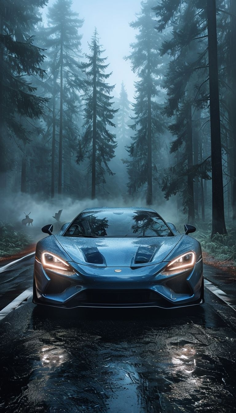 Awe-Inspiring Metallic Blue Sports Car in Misty Forest Mobile Wallpaper