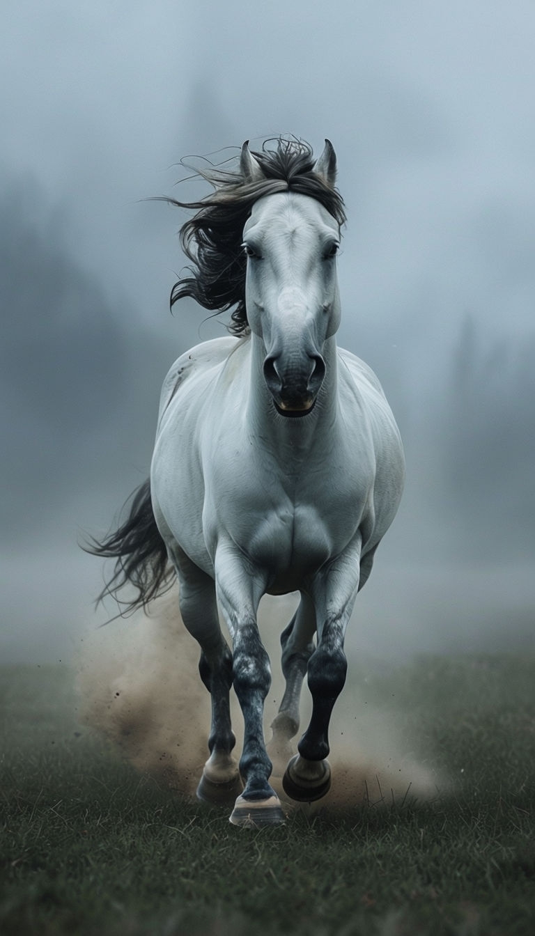 Galloping White Horse in Misty Landscape Mobile Wallpaper