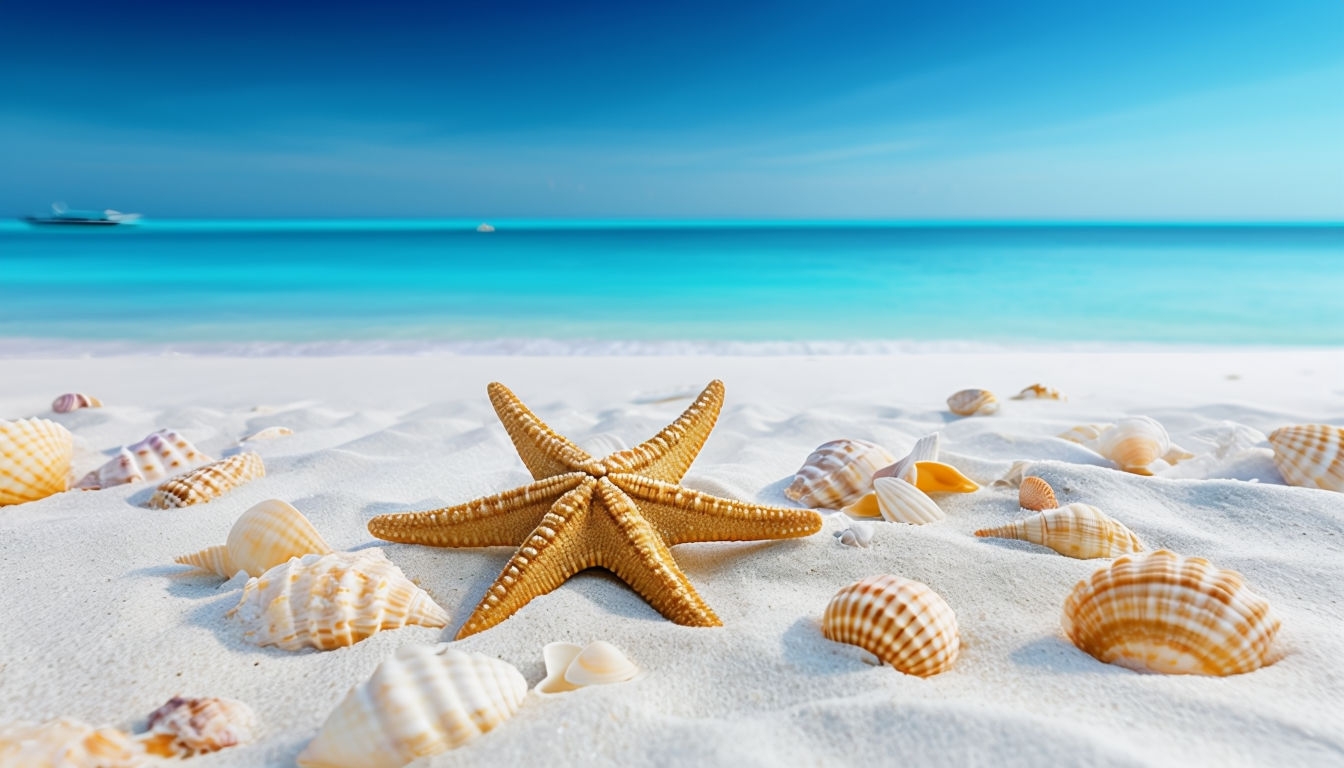 Serene Tropical Beach Scene with Starfish and Seashells Background