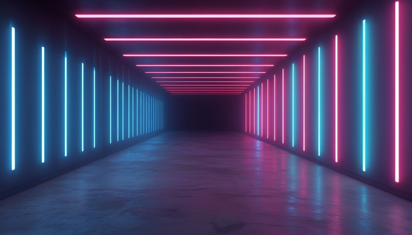 Futuristic Neon Lit Corridor with Symmetrical Design Background