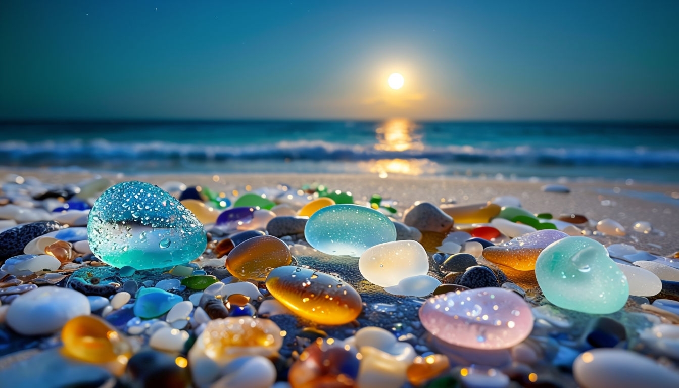 Mesmerizing Night Beach Scene with Colorful Sea Glass Photo