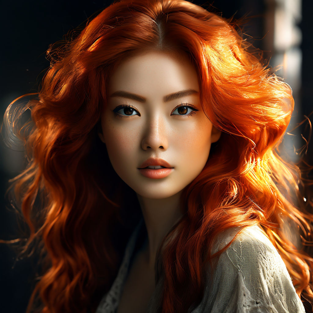 Beautiful young adult red haired Asian forest witch