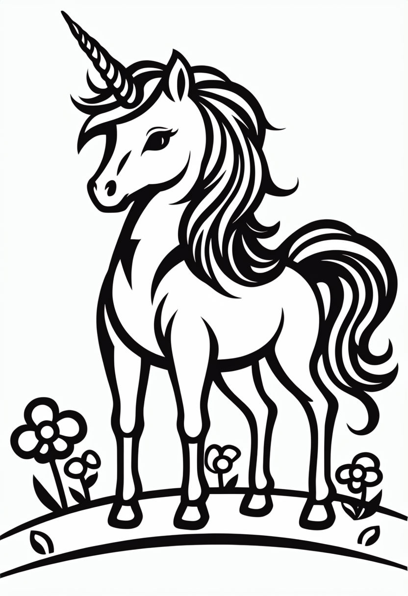 Magical Unicorn and Flower Field Line Art Coloring Page