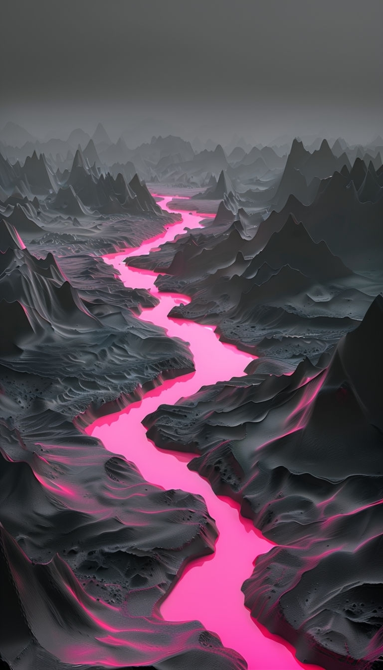Surreal Neon Pink River Through Dark Mountainous Landscape Mobile Wallpaper