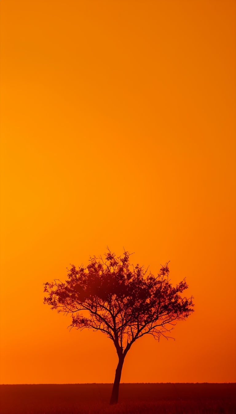 Solitary Tree Against Vibrant Amber Sky Minimalist Landscape Mobile Wallpaper