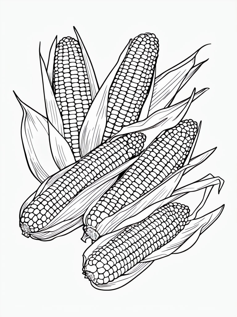 Detailed Black and White Corn Illustration for Coloring Book Pages