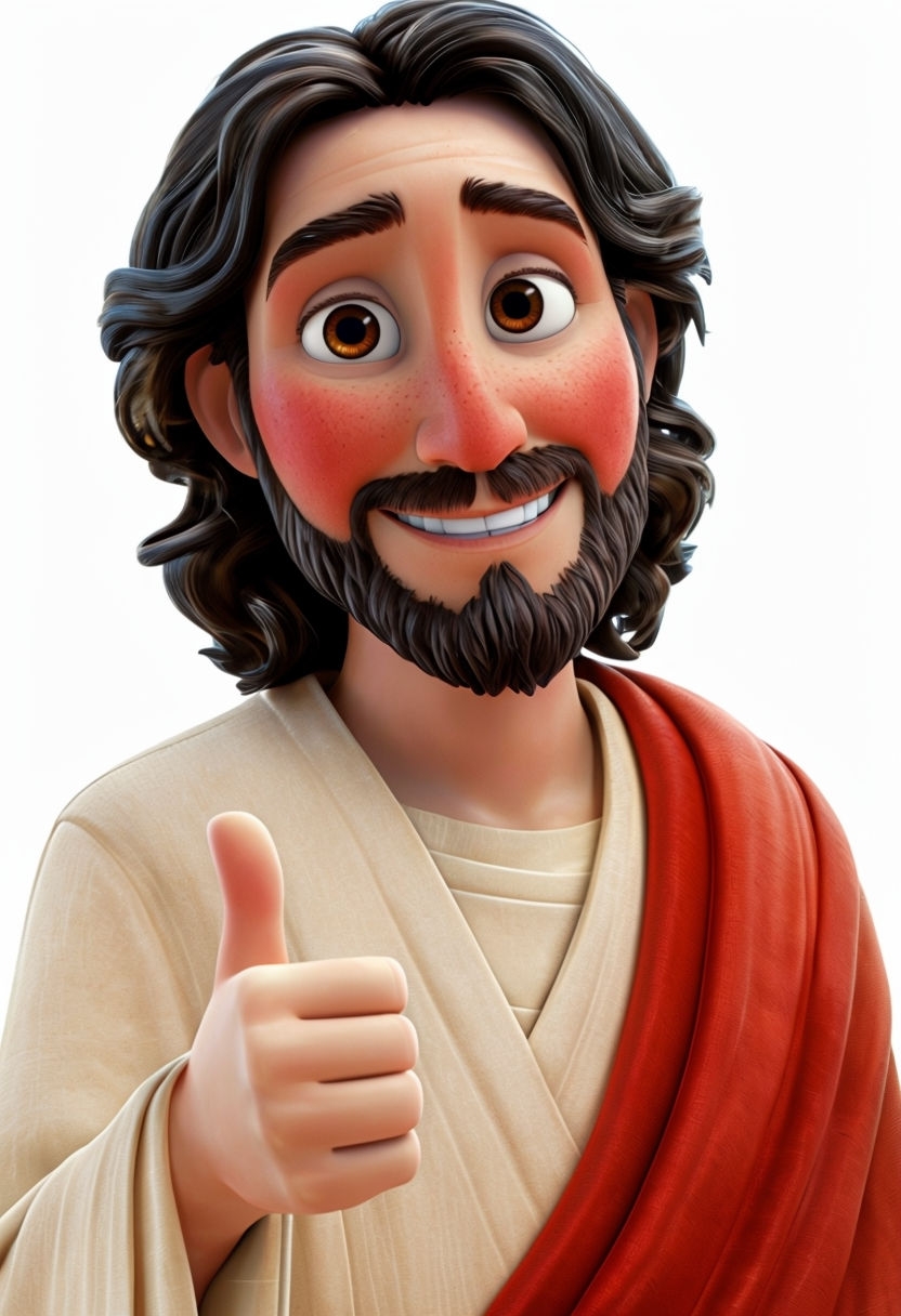 Cheerful Pixar Style Jesus Christ Portrait with Thumbs-Up Gesture Art