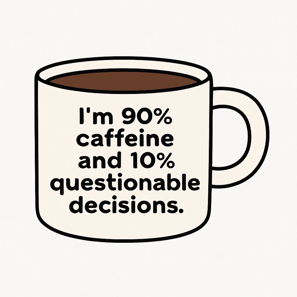 Humorous Cream Coffee Mug with Playful Caffeine Quote Sticker