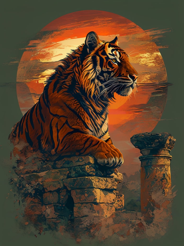 Majestic Tiger on Ancient Ruins with Sunset Background T-Shirt