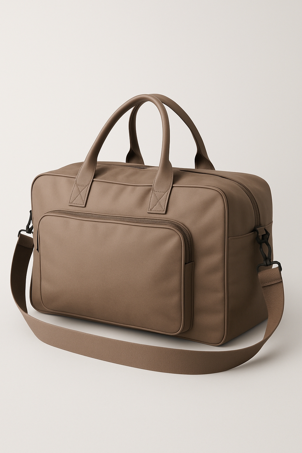 Taupe Leather Duffel Bag on Light Beige Background Mockup