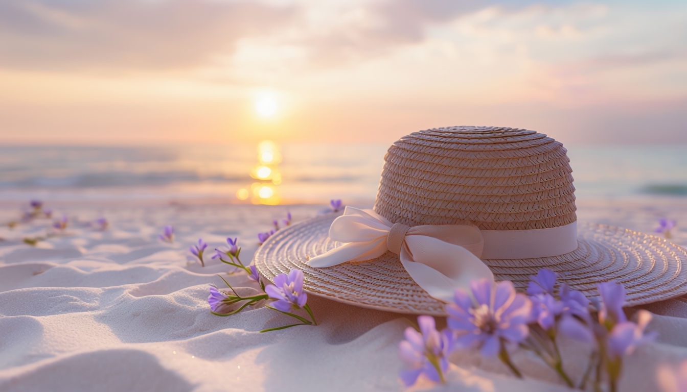 Serene Beach Sunset Scene with Straw Hat and Lavender Flowers Virtual Backgrounds