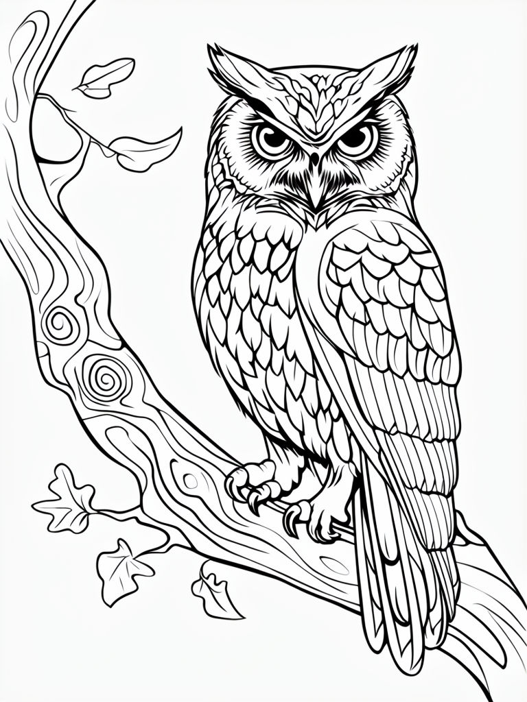 Intricate Owl on Branch Line Drawing for Coloring Book Pages