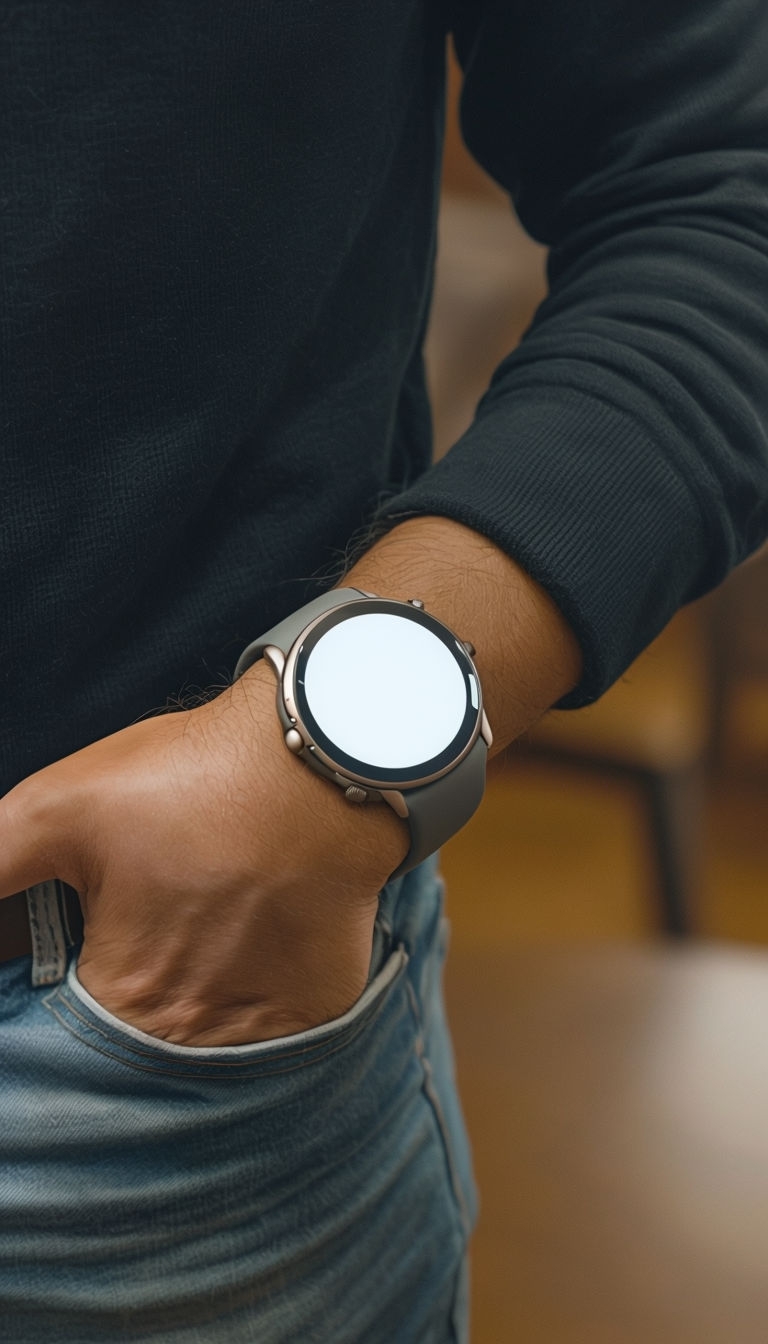 Modern Smartwatch Close-Up on Stylish Sweater and Jeans Mockup