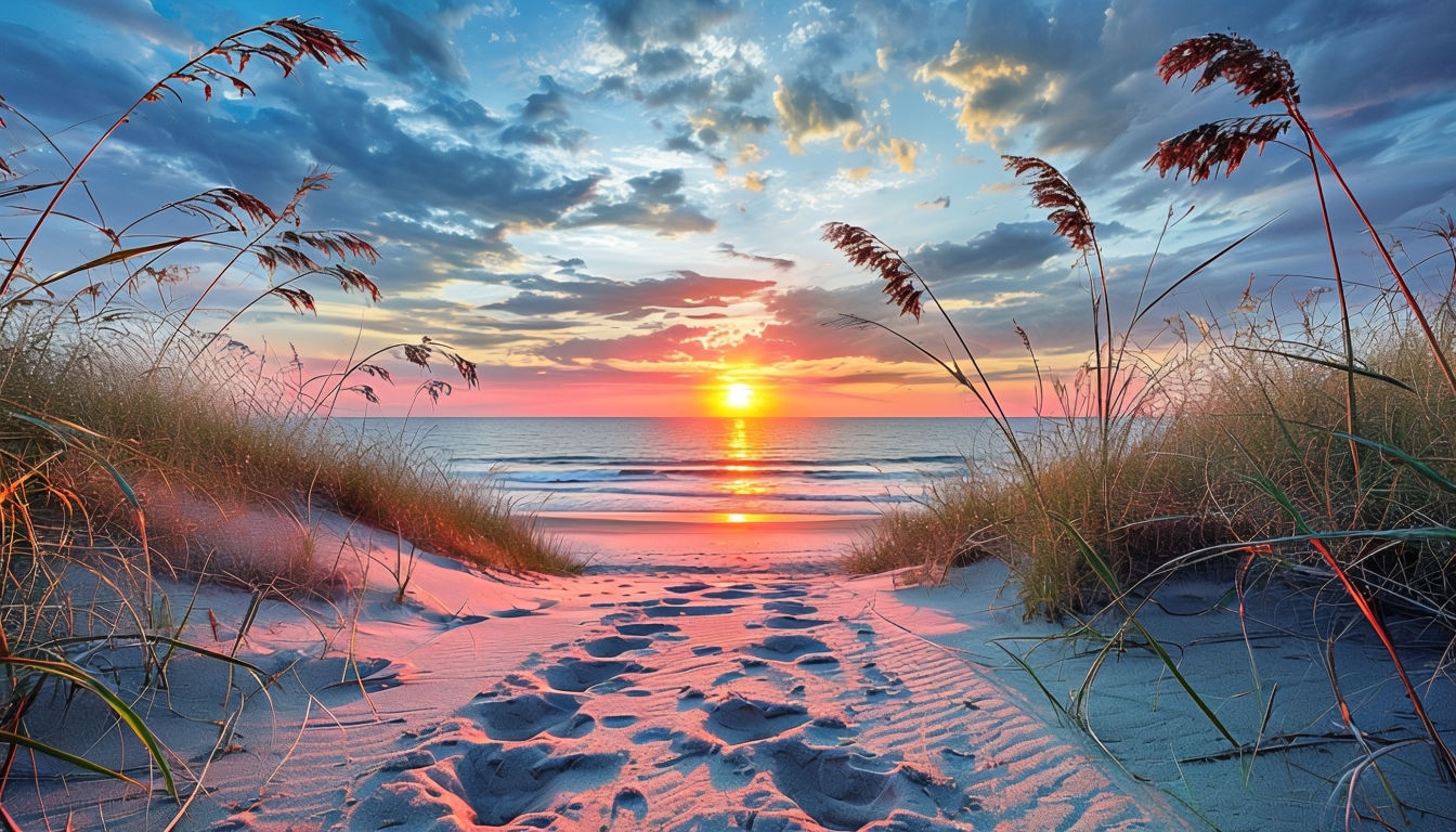 Serene Beach Sunset with Footprints and Ocean Reflection Backgrounds