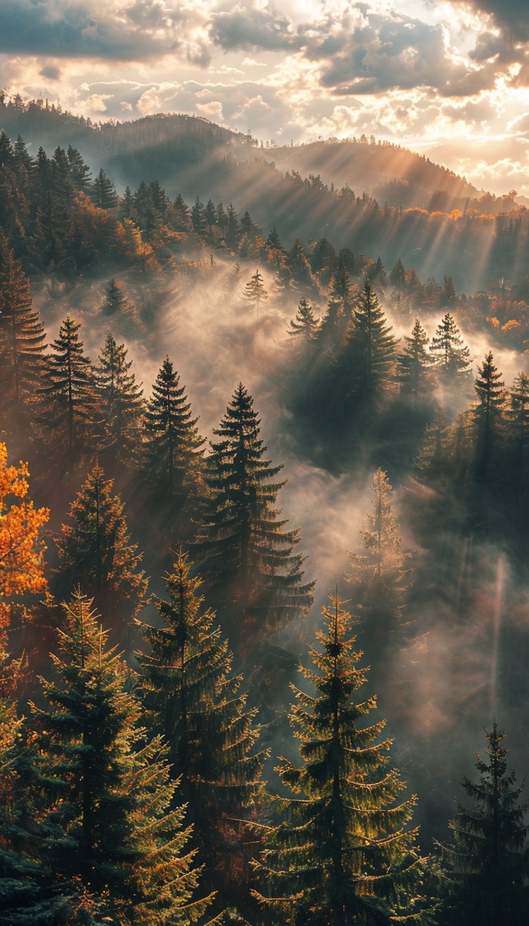 Tranquil Forest Sunrise with Mist and Golden Glow Mobile Wallpaper
