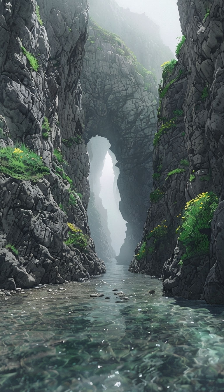 Mystical Coastal Scene with Rugged Cliffs and Ethereal Archway Mobile Wallpaper