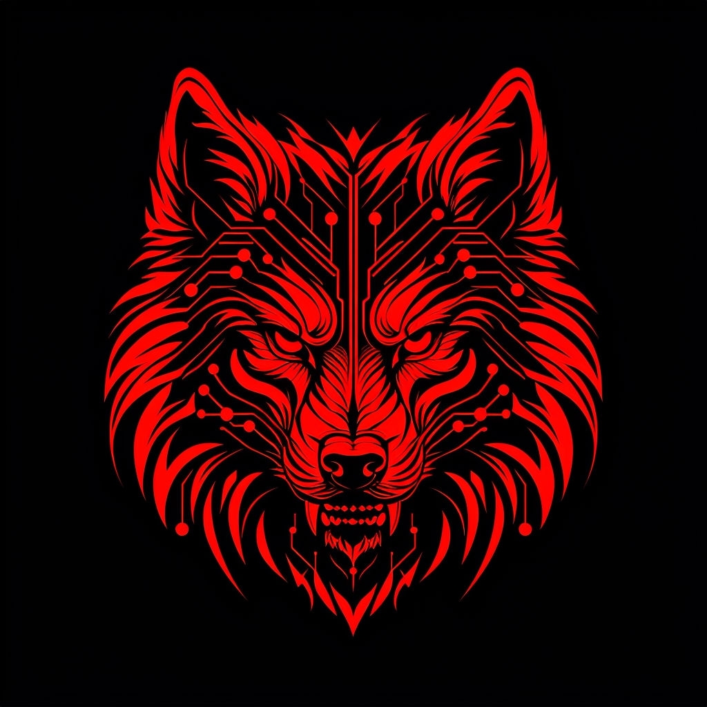 Stylized Red Wolf Face with Geometric Patterns T-shirt