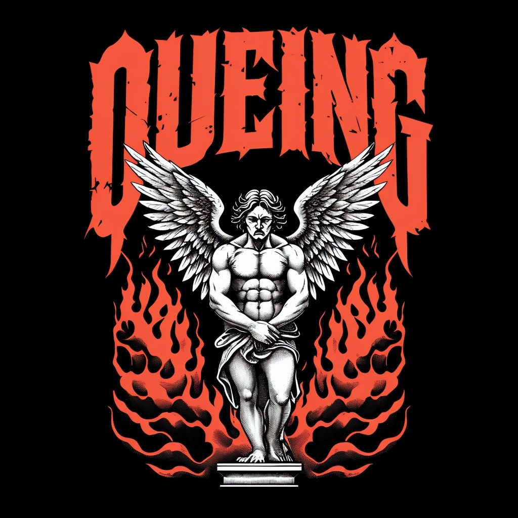 Gothic Angel with Flames and QUEING Typography Album Cover