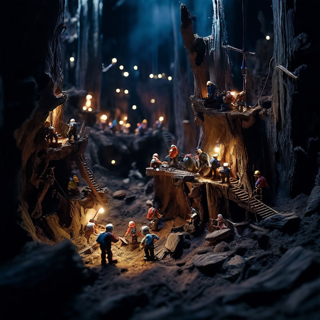 Tiny gnomes mining in a mine village inside the tree roots o... by Lee ...